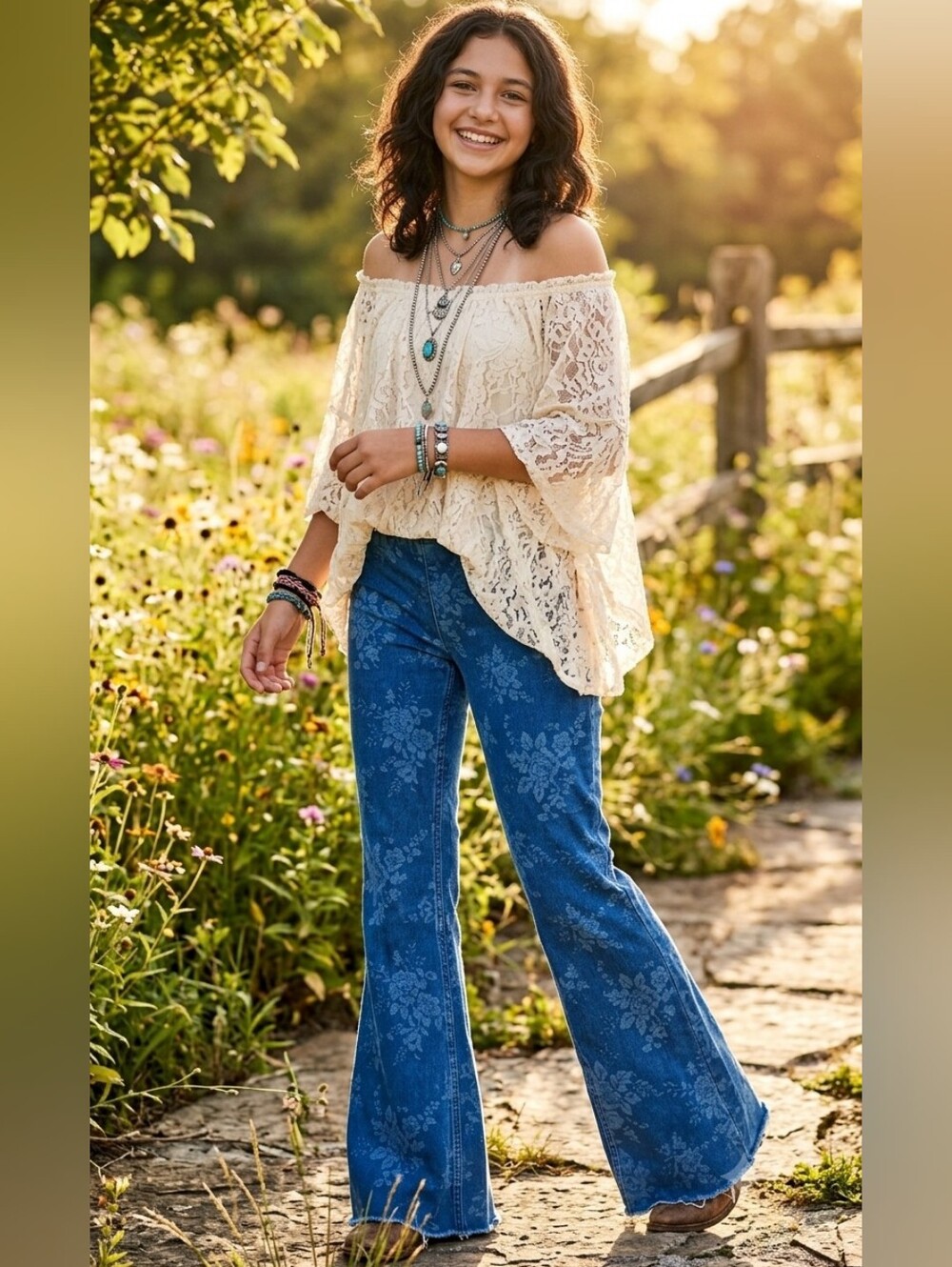 Free People Blue Floral Flare Jeans Size 26- Petite